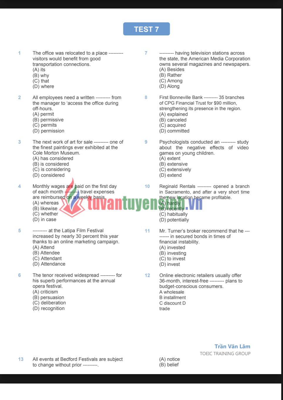 Full 500 câu Part 5 TOEIC hay PDF tải FREE cho người mới 13 Full 500 câu Part 5 TOEIC hay PDF tải FREE cho người mới 1