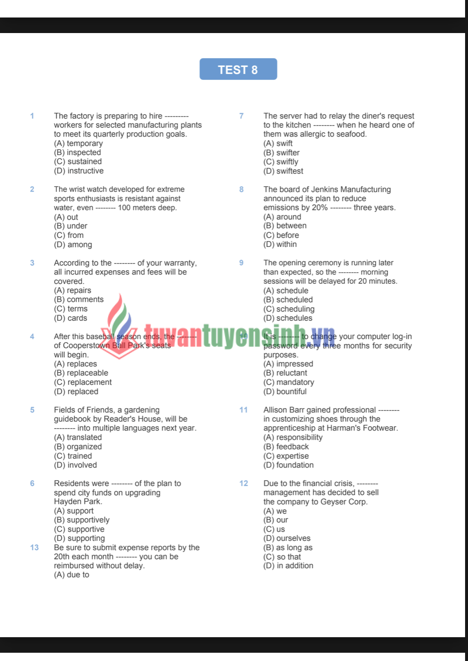 Full 500 câu Part 5 TOEIC hay PDF tải FREE cho người mới 14 Full 500 câu Part 5 TOEIC hay PDF tải FREE cho người mới 2
