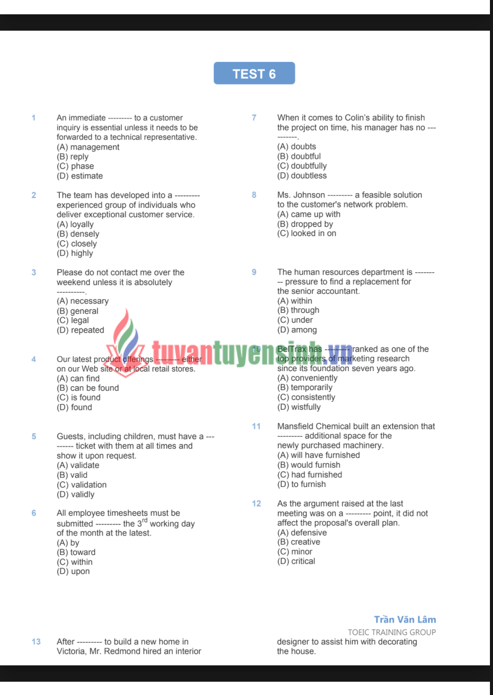 Full 500 câu Part 5 TOEIC hay PDF tải FREE cho người mới 12 Full 500 câu Part 5 TOEIC hay PDF tải FREE cho người mới