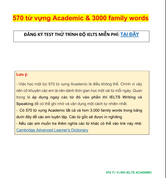 Full 570 từ vựng Academic & 3000 từ vựng family PDF tải FREE