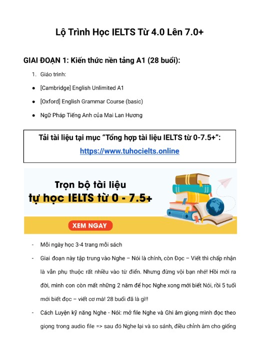 Full Lộ trình học IELTS từ 4.0 Lên 7.0+ cho người mới PDF FREE