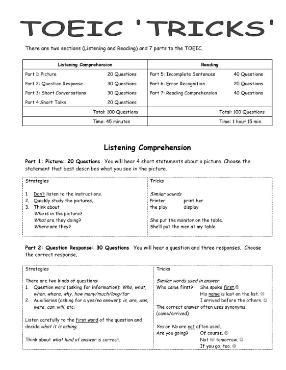 Full TOEIC tricks cho người mới PDF tải FREE