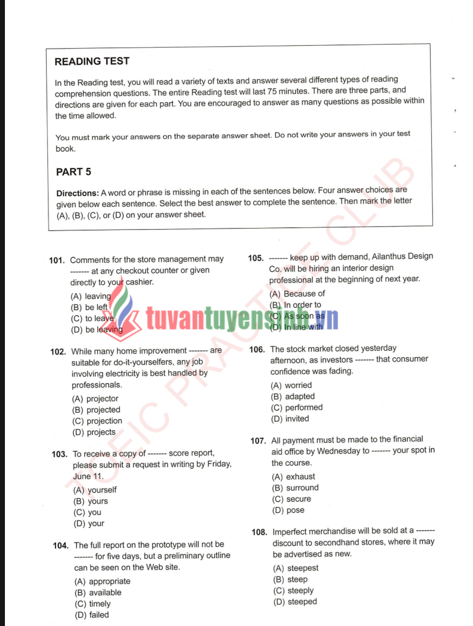 Sách tuyển chọn 5 đề TOEIC Reading có đáp án PDF tải FREE