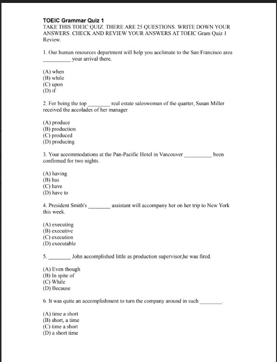 TOEIC Grammar Quiz 1 có đáp án PDF tải FREE
