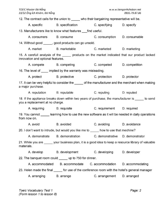 TOEIC Vocabulary Test 1 có đáp án PDF tải FREE 5 TOEIC Vocabulary Test 1 có đáp án PDF tải FREE