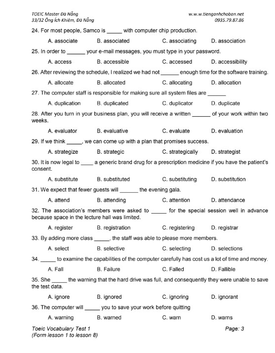 TOEIC Vocabulary Test 1 có đáp án PDF tải FREE 4 TOEIC Vocabulary Test 1 có đáp án PDF tải FREE