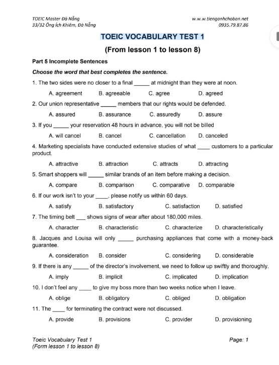 TOEIC Vocabulary Test 1 có đáp án PDF tải FREE