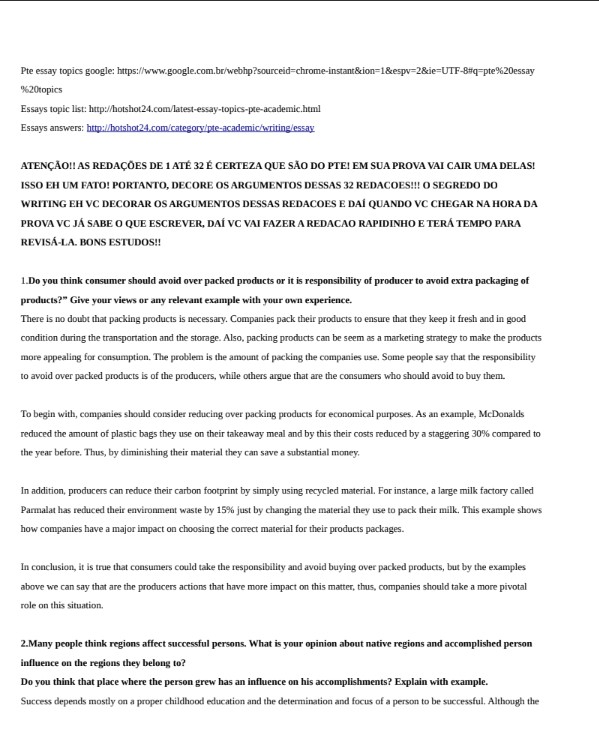 Tài liệu Essays PTE full có đáp án PDF tải FREE
