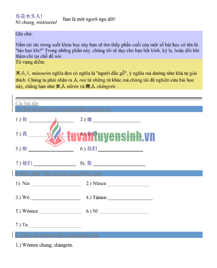 Tài liệu học ngữ pháp tiếng Trung có bài tập và đáp án PDF FREE