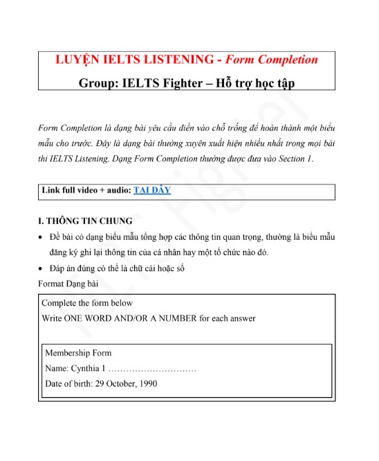 Tài liệu luyện IELTS Listening Form Completion có đáp án PDF FREE