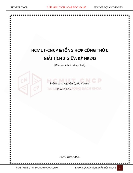 Tổng hợp công thức giải tích 2 hk242 HCMUT-CNCP PDF FREE