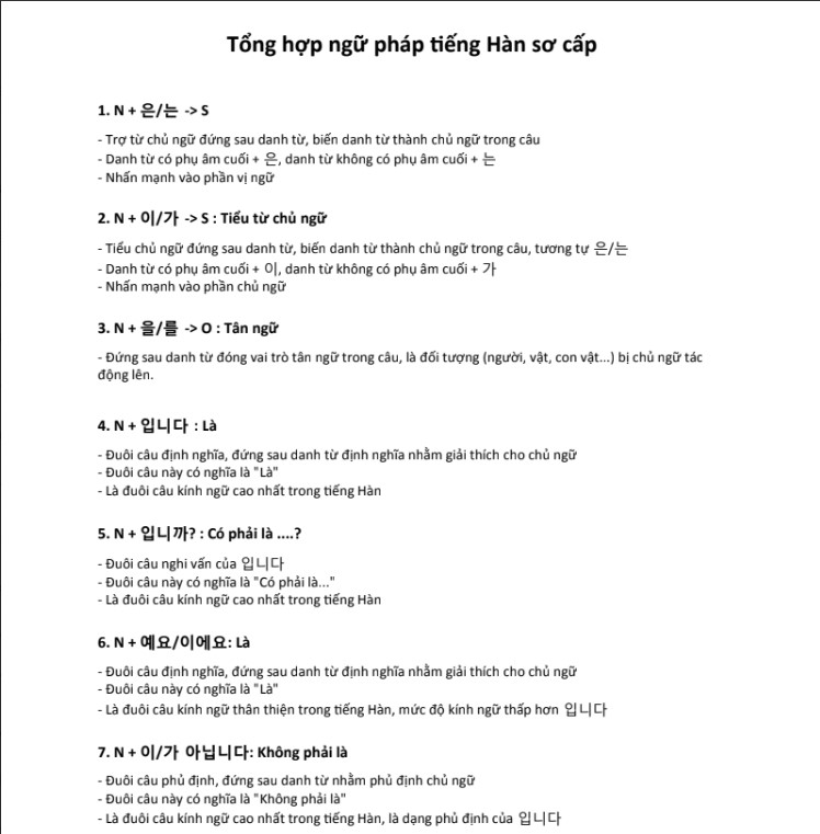 Tổng hợp ngữ pháp tiếng Hàn sơ cấp PDF tải MIỄN PHÍ