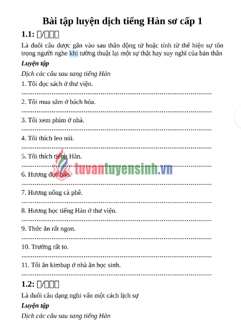 Tải FREE tài liệu Bài Tập Luyện Dịch Tiếng Hàn Sơ Cấp 1 PDF