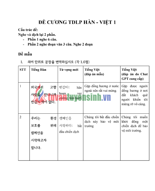 Tải FREE Đề Cương TDLP Hàn - Việt 1 PDF có tiếng Việt