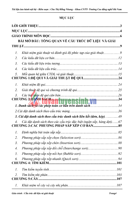 Tải FREE Giáo Trình Cấu Trúc Dữ Liệu Và Giải Thuật PDF - Cao Đẳng Nghề Hà Nam