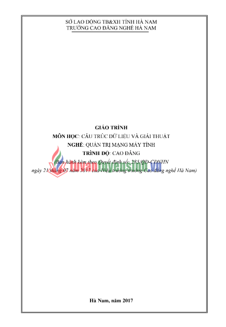 Tải FREE Giáo Trình Cấu Trúc Dữ Liệu Và Giải Thuật PDF - Cao Đẳng Nghề Hà Nam