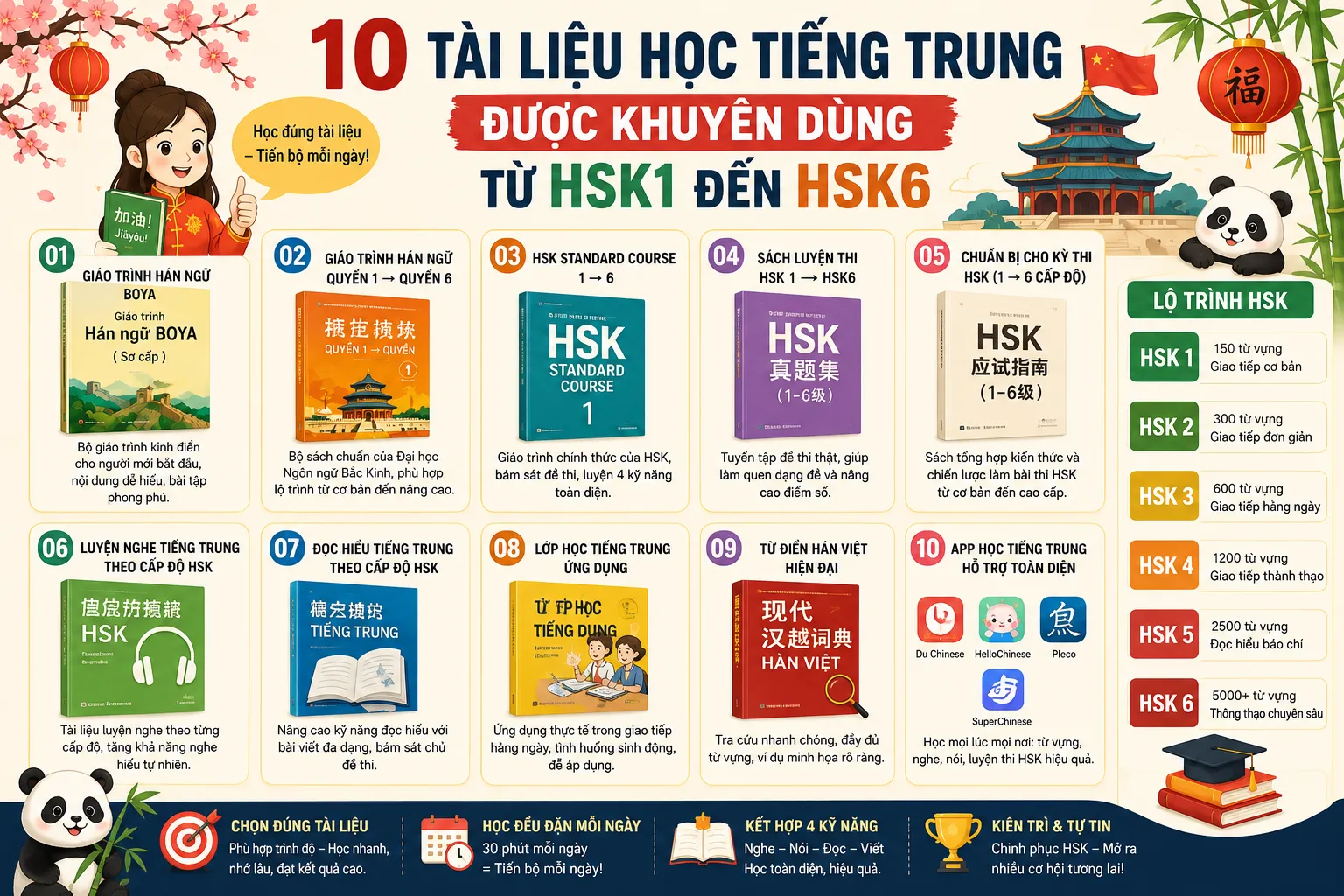 10 tài liệu học tiếng trung được khuyên dùng từ HSK1 đến HSK6