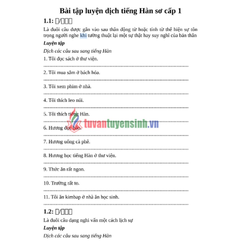 giáo trình tiếng hàn sơ cấp 1 pdf - Tài liệu Bài tập luyện dịch tiếng Hàn sơ cấp 1